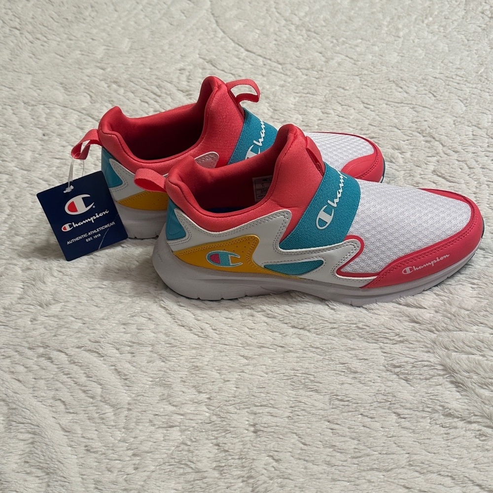 New With Tags Champion Kids Slip-On Sneakers in White, Pink & Teal. Size 7